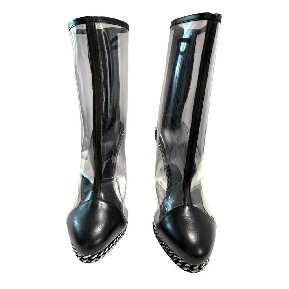 BALMAIN Dax Clear Booties Chain Captoe Noir Sz 38 US 8 Lucite Heel